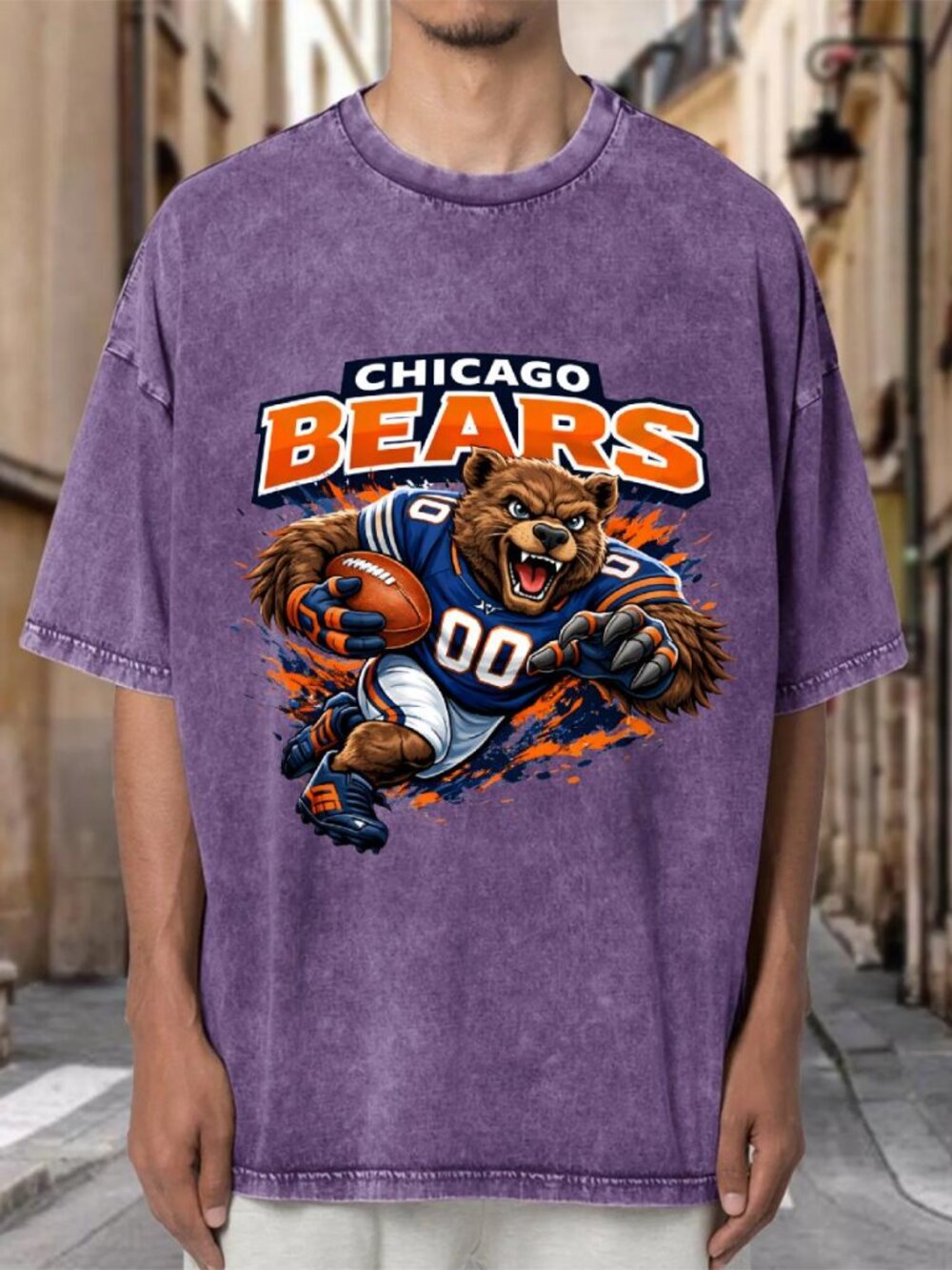 Chicago Bears Bear Mascot NFL Purple Mineral Wash Oversized Tee OXVDF38J7H04